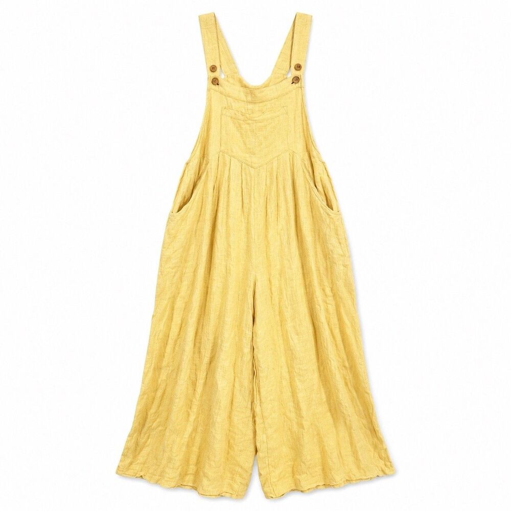 Free People Sun Drenched Overalls Large Yellow Cotton Wide Leg Relaxed Boho - Picture 2 of 16